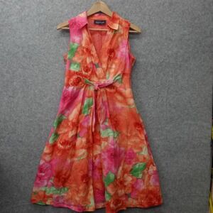 Linen Floral Midi Dress Women SMALL 6 P Pink Orange JONES NEW YORK Tropical Boho